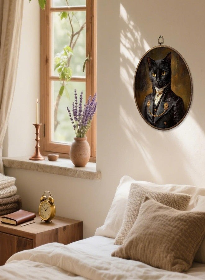 HUGANE Vintage Moody Elegant Black Cat Round Wall Art Decor, Dark Academia Whimsical Cat Mom Lady Lovers Hanging Canvas Framed Prints Wall Sculptures for Home Bedroom Living Room Decor, 10x10 Inch - Image 3